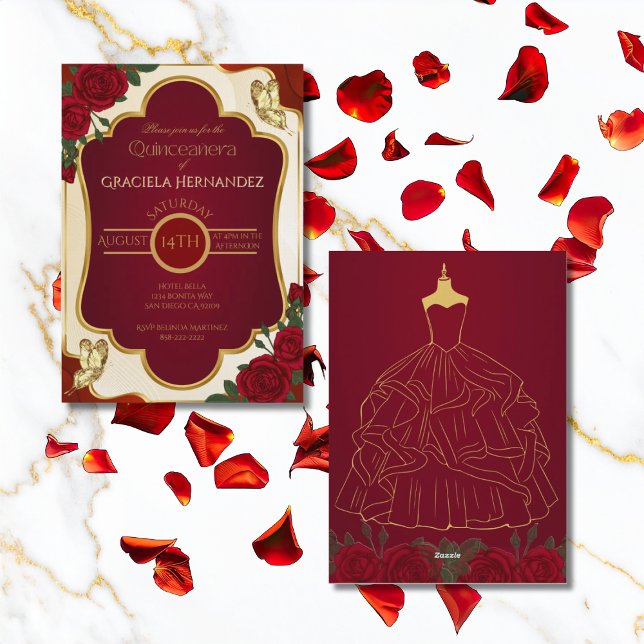 Elegant Gold & Burgundy Quinceañera Invitation Inbjudningar (Skapare uppladdad)
