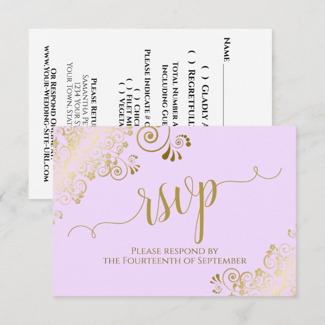 Elegant Gold Calligraphy on Lilac Purple Wedding OSA Kort (Fram/baksida)