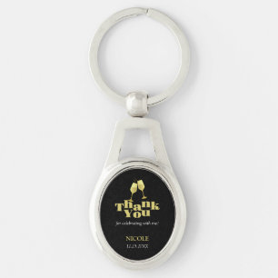 Elegant Gold Champagne Black Birthday Tack Ovalt Silverfärgad Nyckelring