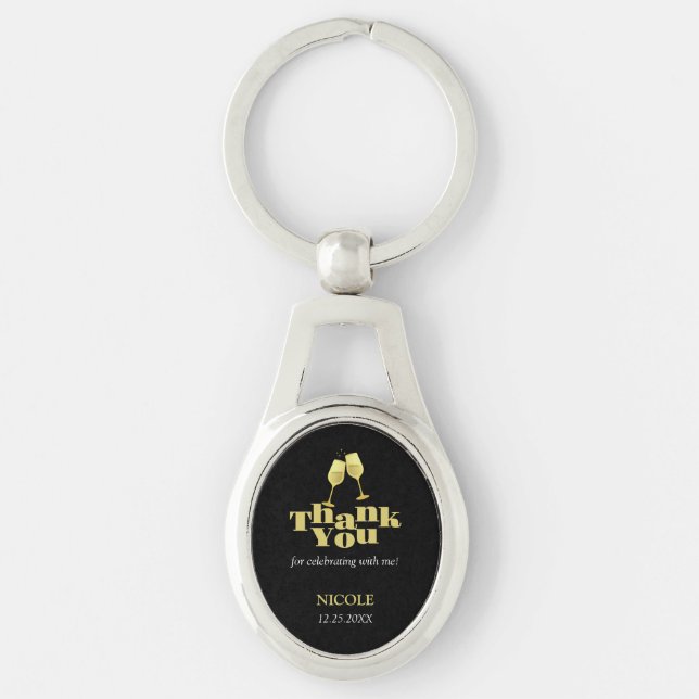 Elegant Gold Champagne Black Birthday Tack Ovalt Silverfärgad Nyckelring (Framsidan)