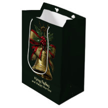 Elegant Gold Christmas Bell with Festive Bow Holly
