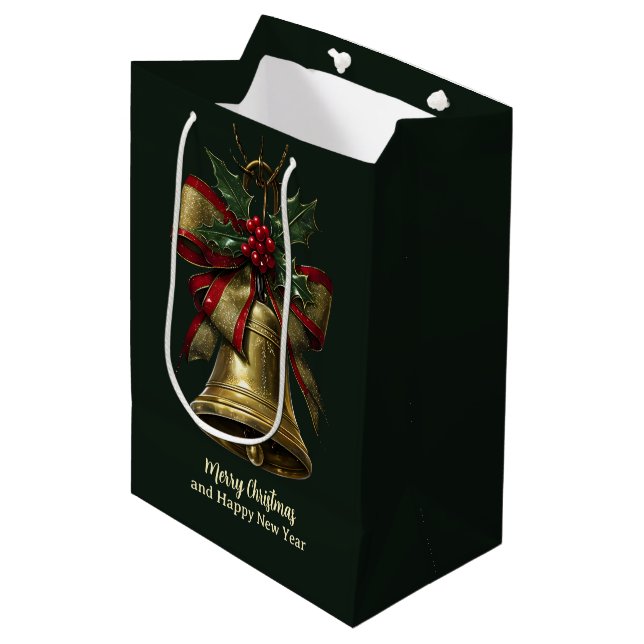 Elegant Gold Christmas Bell with Festive Bow Holly (Framsidan Vinklad)
