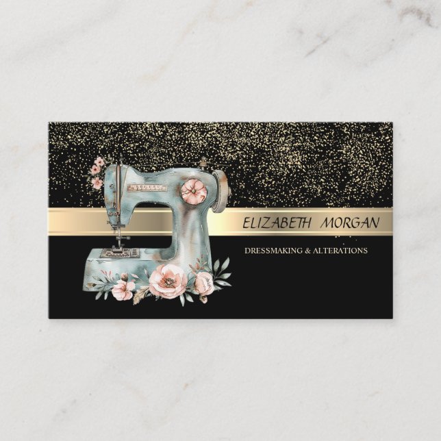 Elegant Gold Confetti,Floral Sewing Machine Visitkort (Framsida)