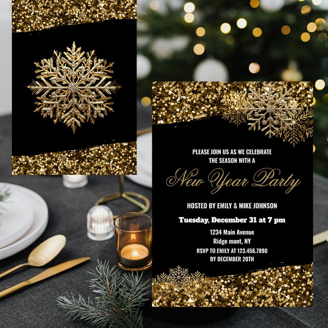 Elegant Gold Confetti Snowflakes New Year Party Inbjudningar (Skapare uppladdad)