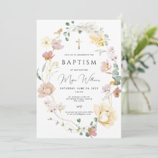 Elegant Gold Cross and blush flowers girl Baptism Inbjudningar