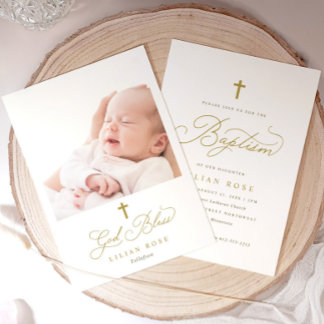 Elegant Gold Cross Calligraphy Photo Baptism Inbjudningar