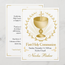 Elegant Gold Cross Chalice First Holy Communion Inbjudningar
