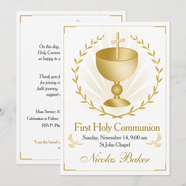 Elegant Gold Cross Chalice First Holy Communion Inbjudningar (Fram/baksida)
