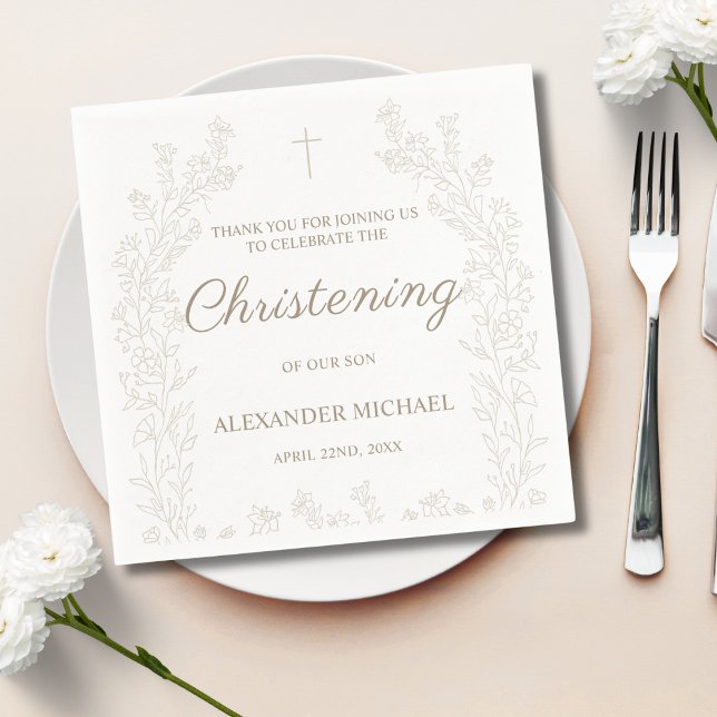 Elegant Gold Cross Floral Christening Baptism Pappersservett (Skapare uppladdad)