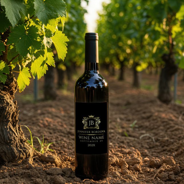 Elegant Gold Crown Frame On Custom Black Vinflaska Etikett (Skapare uppladdad)