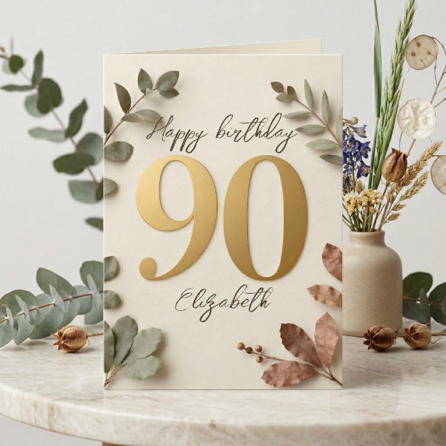 Elegant Gold Eucalyptus Botanical 90th Birthday Kort (Skapare uppladdad)