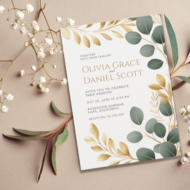 Elegant Gold Eucalyptus Botanical Wedding Inbjudningar (Skapare uppladdad)