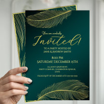 Elegant Gold Feather Green Invitation Card For Spe
