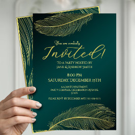 Elegant Gold Feather Green Invitation Card For Spe Inbjudningar