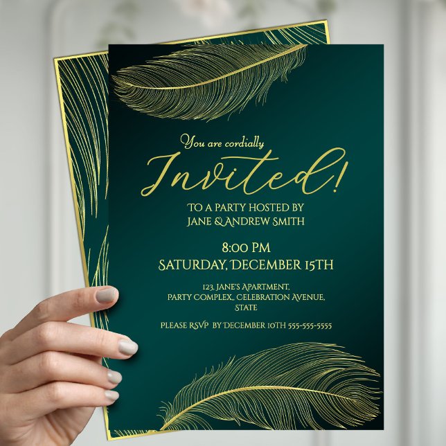 Elegant Gold Feather Green Invitation Card For Spe Inbjudningar (Skapare uppladdad)