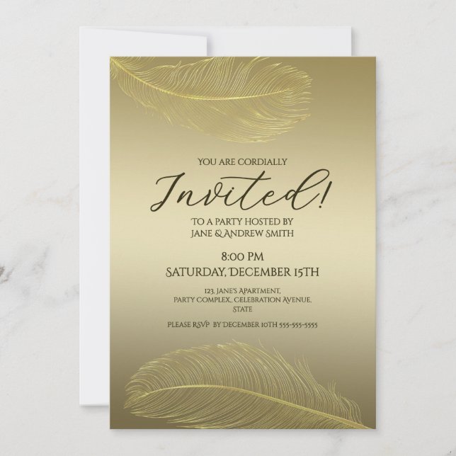 Elegant Gold Feather Luxury Celebration Inbjudningar (Framsida)