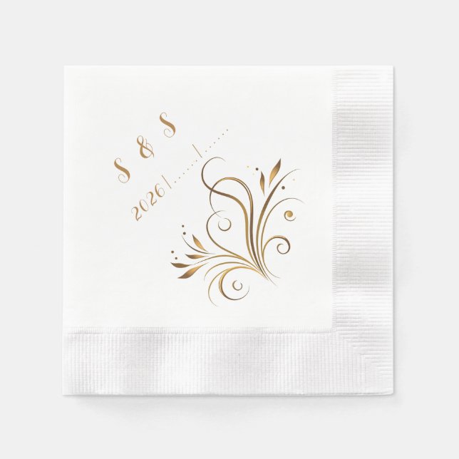 Elegant Gold Filigree & Leaf Flourish Wedding Pappersservett (Framsidan)