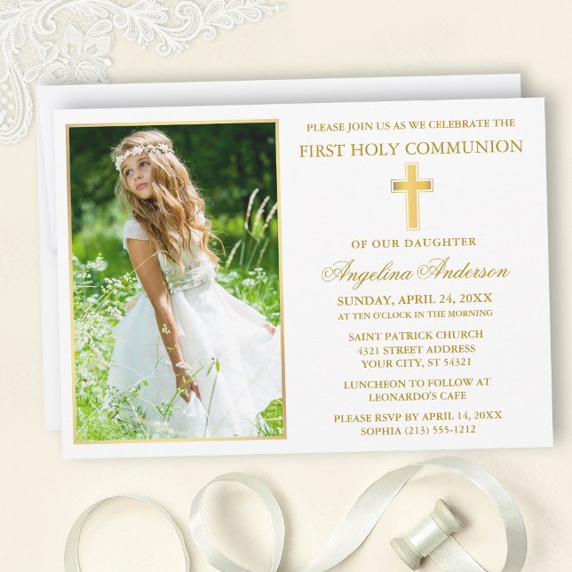 Elegant Gold First Holy Communion Photo Inbjudningar (Customize to change text size, text style or color.)
