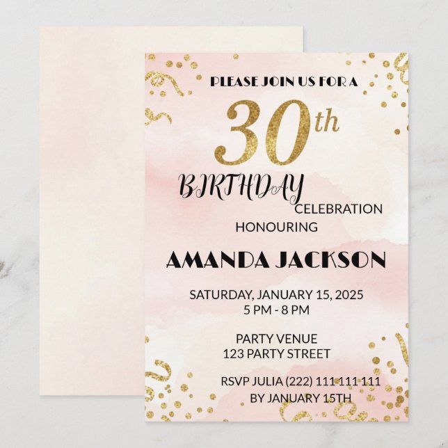 Elegant Gold Floral 30th Birthday Invitation Inbjudningar (Fram/baksida)