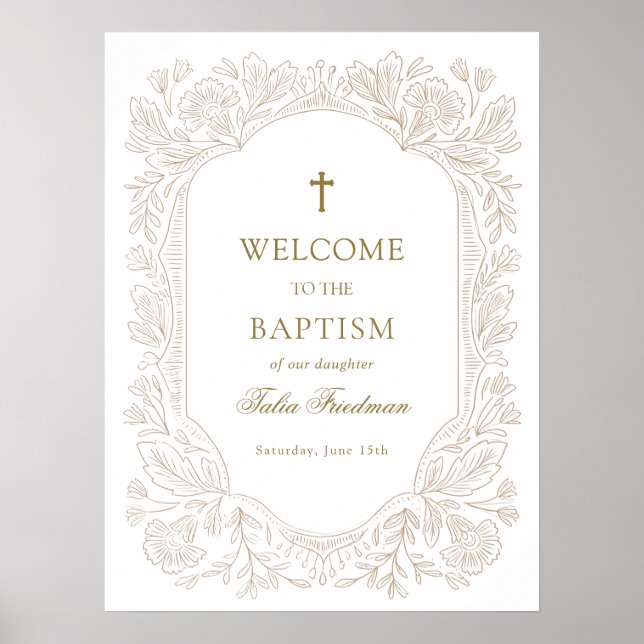 Elegant Gold Floral Baptism Welcome Poster (Framsidan)