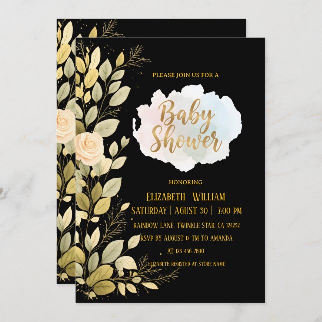 Elegant Gold Floral Botanical Baby Shower  Inbjudningar (Fram/baksida)