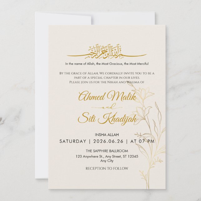 Elegant Gold Floral Islamic Wedding Nikah Inbjudningar (Framsida)