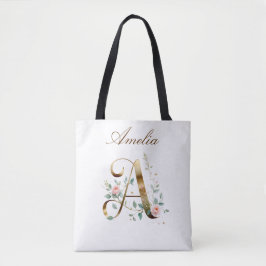 Elegant Gold Floral Letter A All-Over Print Tote Tygkasse