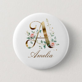 Elegant Gold Floral Letter A Wedding Button Knapp