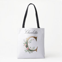 Elegant Gold Floral Letter C All-Over Print Tote