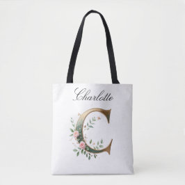 Elegant Gold Floral Letter C All-Over Print Tote Tygkasse