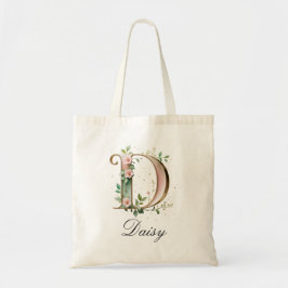 Elegant Gold Floral Letter D Monogram Tote Bag Tygkasse
