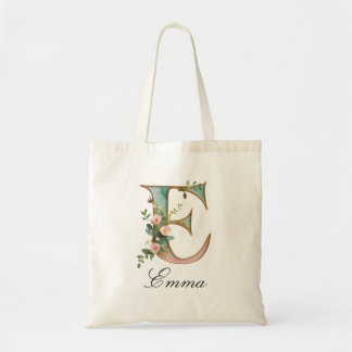 Elegant Gold Floral Letter E Monogram Tote Bag Tygkasse