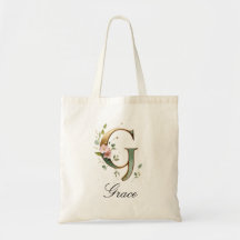 Elegant Gold Floral Letter G Monogram Tote Bag