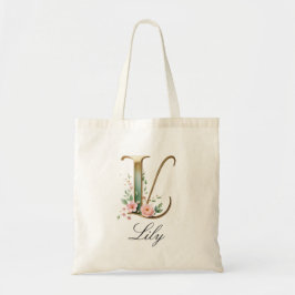 Elegant Gold Floral Letter L Monogram Tote Bag Tygkasse