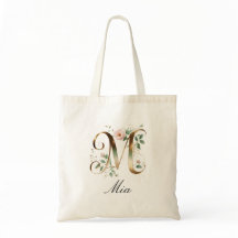 Elegant Gold Floral Letter M Monogram Tote Bag
