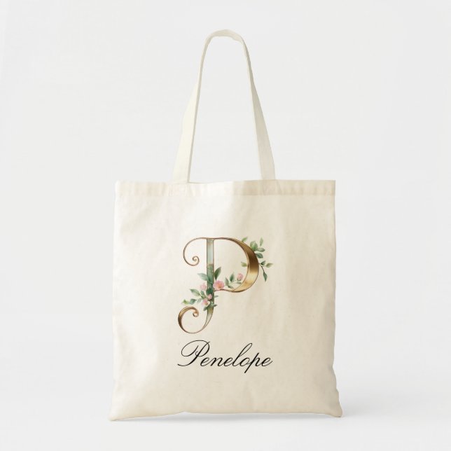 Elegant Gold Floral Letter P Monogram Tote Bag Tygkasse (Framsidan)