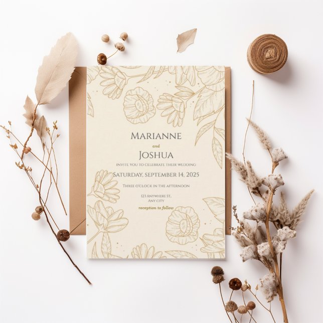 Elegant Gold Floral Line Art Wedding Invitation Inbjudningar (Skapare uppladdad)