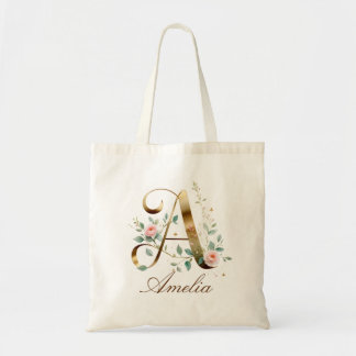 Elegant Gold Floral Monogram Initial A Tote Bag Tygkasse