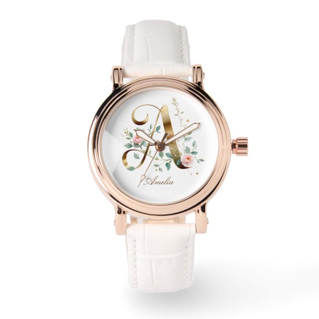 Elegant Gold Floral Monogram Initial A Watch Armbandsur (Framsida)