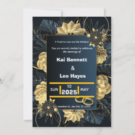 Elegant Gold Floral Navy Holiday Wedding Invite Inbjudningar