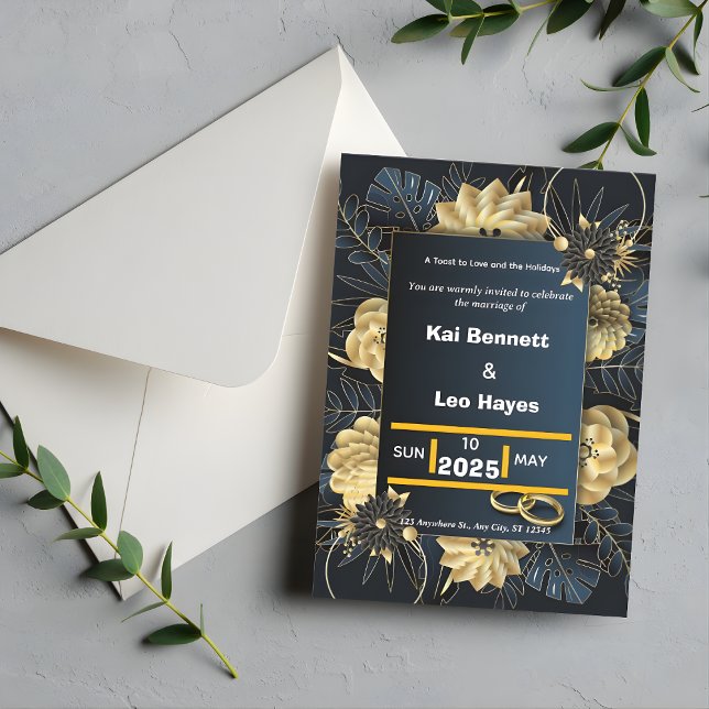 Elegant Gold Floral Navy Holiday Wedding Invite Inbjudningar (Elegant Gold Floral Navy Holiday Wedding Invite)
