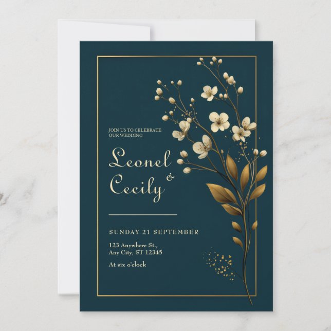 Elegant Gold Floral Navy Wedding Inbjudningar (Framsida)
