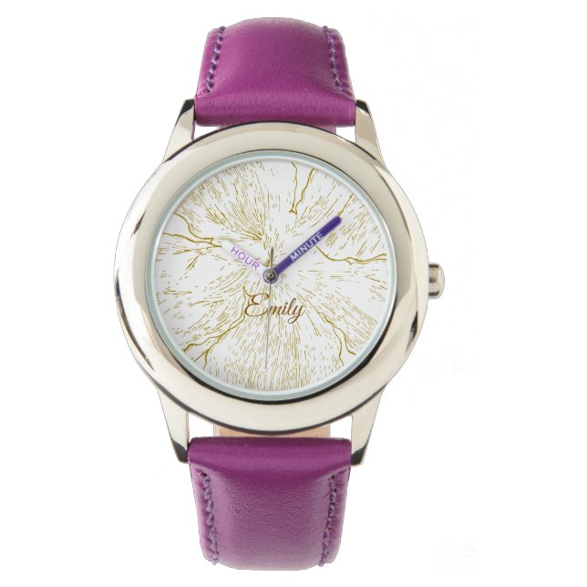 Elegant Gold Floral Purple Leather Personalized Armbandsur (Framsida)