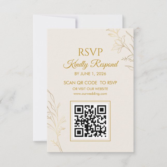 Elegant Gold Floral QR Code Wedding RSVP Card OSA Kort (Framsida)