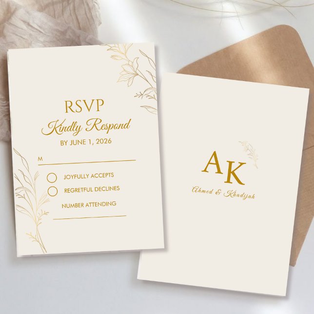 Elegant Gold Floral QR Code Wedding RSVP Card OSA Kort (Skapare uppladdad)