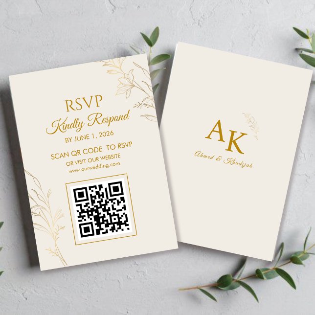 Elegant Gold Floral QR Code Wedding RSVP Card OSA Kort (Skapare uppladdad)