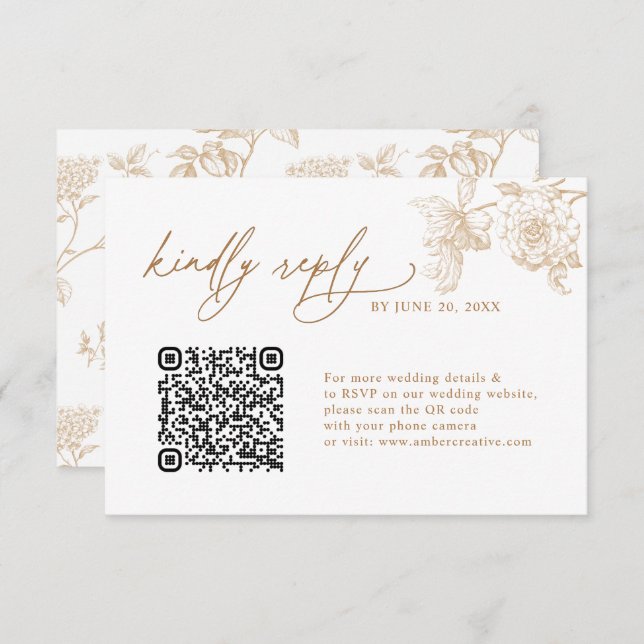 Elegant Gold Floral QR code Wedding RSVP Cards OSA Kort (Fram/baksida)