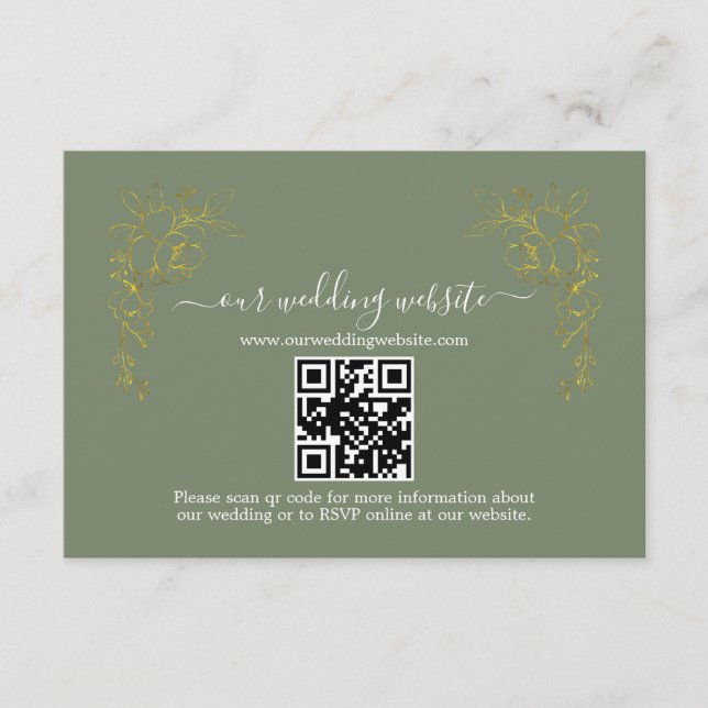 Elegant Gold Floral Sage Green QR Code Wedding  Tilläggskort (Framsida)