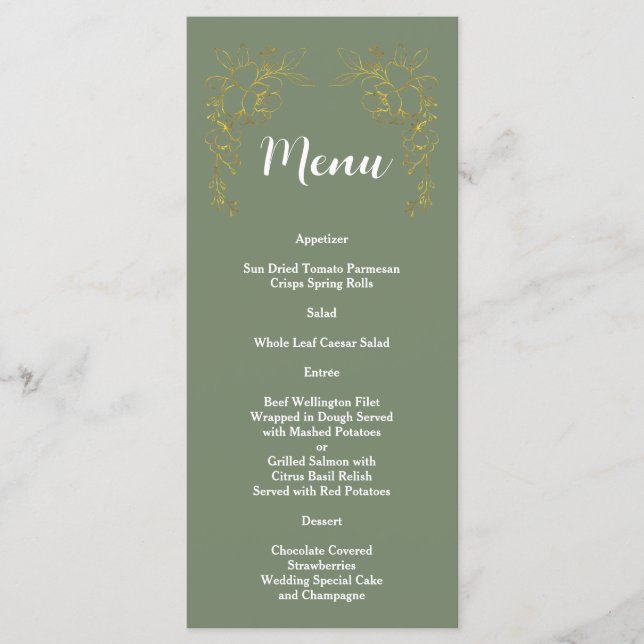 Elegant Gold Floral Sage Green Wedding  Meny (Framsida)