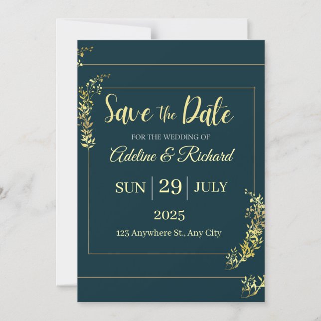 Elegant Gold Floral Save The Date Card  Magnetisk Inbjudningskort (Framsida)